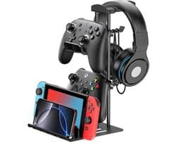 StayPowered Headset Stand & Controller Houder - Compact en Stijlvol voor Georganiseerde Gaming Setup - Stevige Aluminium Staaf - Metalen Basis voor Stabiliteit - Antislip Siliconen Voet - Zwart - Levering Sneller dan Aangegeven!