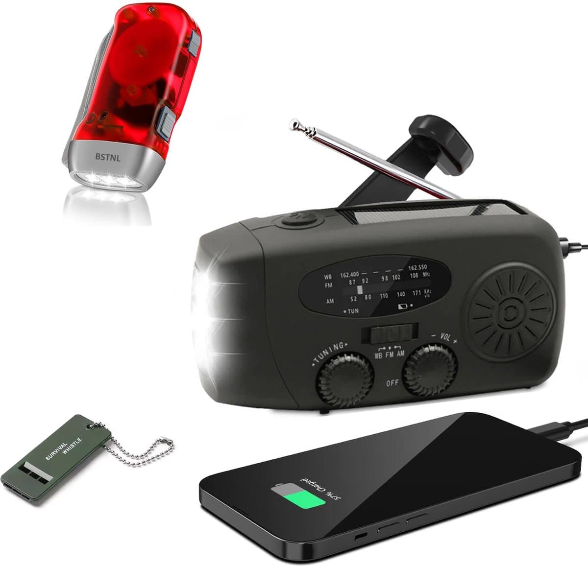 Nood Radio Op Batterijen (Accu) Voor Rampen - Knijpkat - Noodfluit - Radio Opwindbaar - Noodradio - Solar Opwindbaar - Multifunctionele Noodradio - Survival Radio - Zaklamp / Powerbank - Noodpakket - Noodpakket voor Thuis - Draagbare Radio - Zwart — afbeelding 1