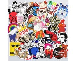 100 verschillende stickers met grappige plaatjes, bekende karakters en logo's. Perfecte mix voor skateboard, koffer, laptop, mobiel, fiets, auto, muur etc.