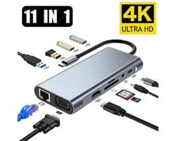 OnmiMart 11-in-1 USB C Hub – Docking Station met HDMI 4K, Ethernet, USB 3.0, SD – Voor MacBook, iPad, Laptop-PD100W-Type-c-VGA-AUX-TF/SD-Gigabit