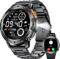 Royal Empire Amoled Smartwatch - Smartwatch Heren - Inclusief Led lampje - 48MM - RVS & TPU Bandje - Bloeddrukmeter - Stappenteller - Hartslagmeter - Slaapmonitor - Multisport Geschikt voor alle Smartphones - Zwart — thumbnail 1