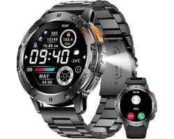 Royal Empire Amoled Smartwatch - Smartwatch Heren - Inclusief Led lampje - 48MM - RVS & TPU Bandje - Bloeddrukmeter - Stappenteller - Hartslagmeter - Slaapmonitor - Multisport Geschikt voor alle Smartphones - Zwart