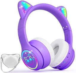 StayPowered Kinder Bluetooth Hoofdtelefoon - Perfect voor School & Reis - Veilig Volumeniveau - Heldere Geluidskwaliteit - met LED - Draadloos & Bekabeld - Versterkt Materiaal - Lange Batterijduur - Paars/Wit - Levering Sneller dan Aangegeven! — thumbnail 1