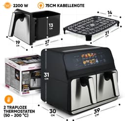 ProfiCook FR 1287 H - Dubbele Heteluchtfriteuse - 2 x 4 Liter - Met kleurendisplay - Touchscreen - 9 Programma's - 2 onafhankelijke kookzones — thumbnail 6
