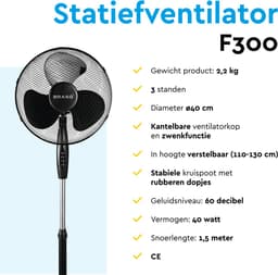 BRASQ Statiefventilator – 40 cm – Zwart - In hoogte verstelbaar – 3 snelheden - 40 Watt — thumbnail 5