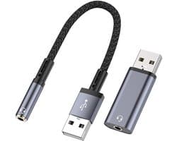 2X USB naar 3.5MM Jack AUX audio adapter - met en zonder kabel - compact - geschikt voor o.a. laptop, stereo en speaker - grijs