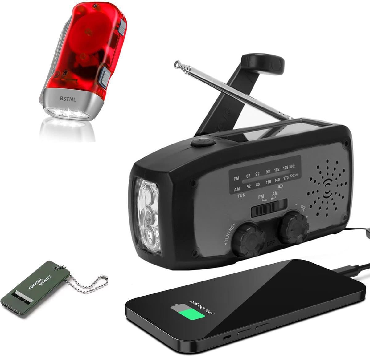 Nood Radio Op Batterijen (Accu) Voor Rampen - Knijpkat - Noodfluit - Radio Opwindbaar - Noodradio - Solar Opwindbaar - Multifunctionele Noodradio - Survival Radio - Zaklamp / Powerbank - Noodpakket - Noodpakket voor Thuis - Draagbare Radio - Zwart — afbeelding 1