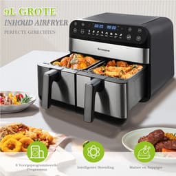 Digitale Airfryer XXL 9L Sinaopus 920 – Heteluchtfriteuse met Dubbele Mand en DualMand Onafhankelijke Snelle Opwarming – Voor Gezinnen – 8 Programma’s – LED Touchscreen – Kijkvenster – Makkelijk te Reinigen – Capaciteit voor 7 Personen — thumbnail 2