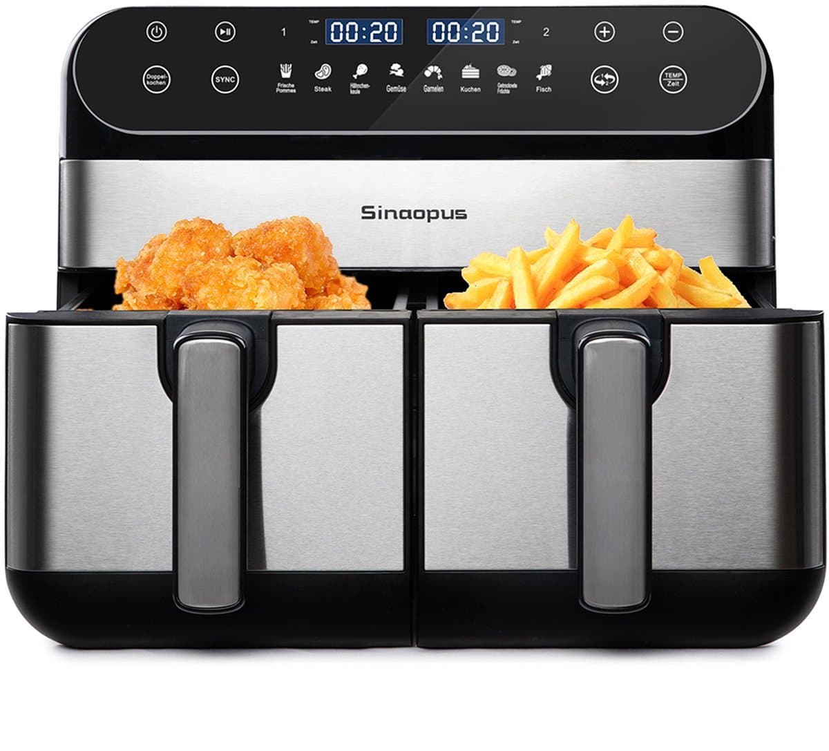 Digitale Airfryer XXL 9L Sinaopus 920 – Heteluchtfriteuse met Dubbele Mand en DualMand Onafhankelijke Snelle Opwarming – Voor Gezinnen – 8 Programma’s – LED Touchscreen – Kijkvenster – Makkelijk te Reinigen – Capaciteit voor 7 Personen — afbeelding 1