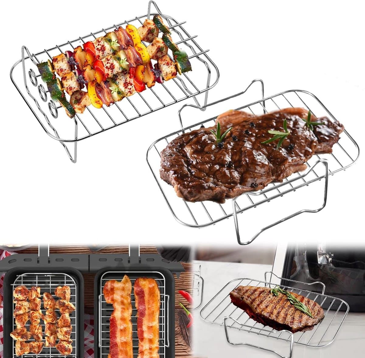 Rek - 2 stuks - Vierkant grillrek - RVS grill-dehydratorrek - Stapelbaar - mandje - accessoires - Oven- en vaatwasserbestendig - voor Heteluchtfriteuse,bakken en koken - zilver — afbeelding 1