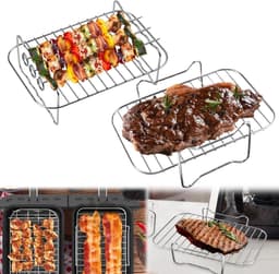 Rek - 2 stuks - Vierkant grillrek - RVS grill-dehydratorrek - Stapelbaar - mandje - accessoires - Oven- en vaatwasserbestendig - voor Heteluchtfriteuse,bakken en koken - zilver — thumbnail 1