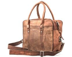 Satchel Messenger Tas van Echt Leer - Ruwe Urban Vintage Look – Cognac Bruin - 37x27x10cm – A4 documenten/Laptop 15 inch – Miramar Model 049
