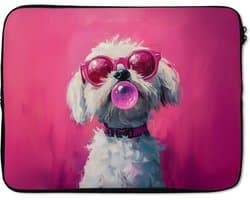 Laptophoes 17 inch - Pink - Hond - Bubbel - Laptop sleeve - Binnenmaat 41x28 cm - Zwarte achterkant