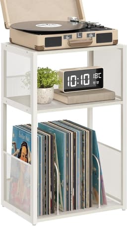 Platenspeler standaard - 3 etages - Bijzettafel - Opslag voor grammofoonplaten - Tot 100 albums - Tafel voor woonkamer en slaapkamer - Vintage wit — thumbnail 1