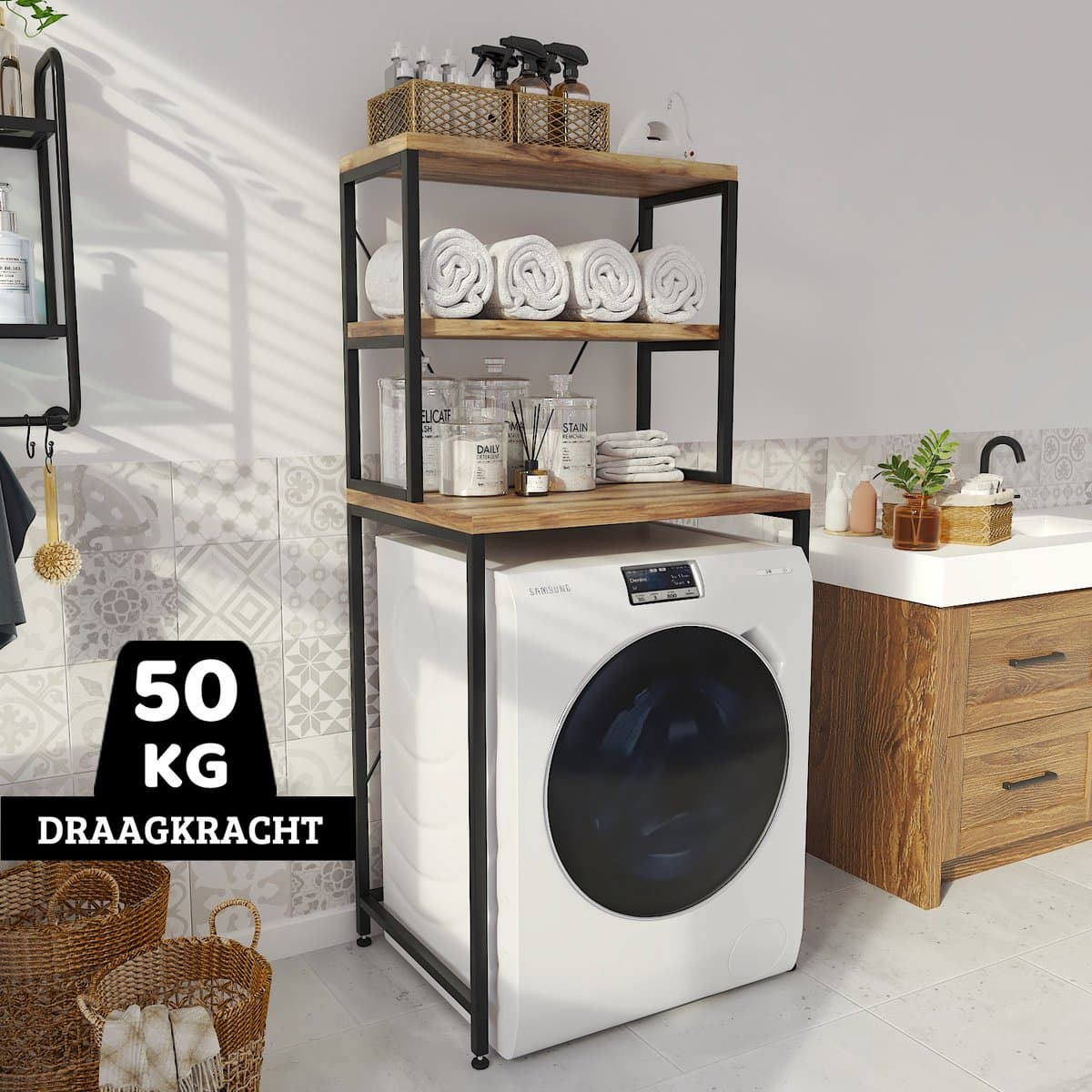 Wasmachine Kast - Droger Ombouw Meubel - Walnoot Houtkleur met Zwart Metaal - 3 Etages - 50x68x155 cm — afbeelding 1