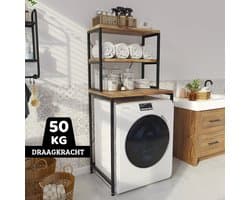 Wasmachine Kast - Droger Ombouw Meubel - Walnoot Houtkleur met Zwart Metaal - 3 Etages - 50x68x155 cm