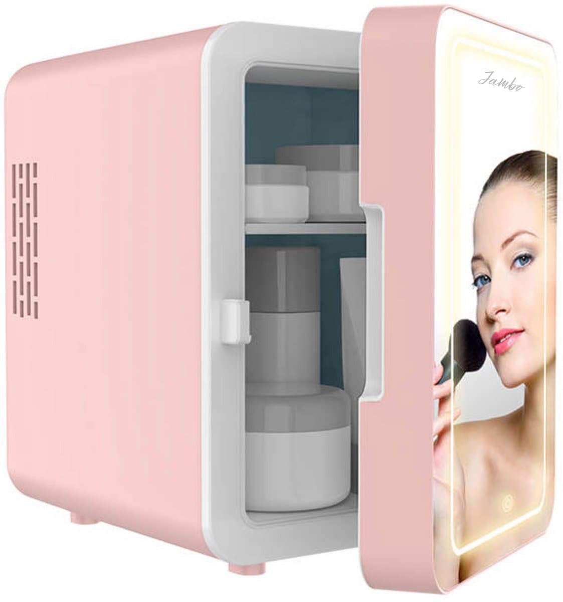 Jambo® Skincare Fridge - Mini Koelkast - Make-up Koelkast met Spiegel - Beauty Fridge met Spiegel en 3 Standen Ledverlichting - Roze - Cosmetica - 4 Liter — afbeelding 1