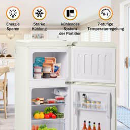 Retro koelkast. Freezer -combinatie. 88,8 cm hoog, 45,5 cm breed, twee dader, met een totaal van 60 liter totaal volume, 22 liter vriezervolume. 102 kWh/jaar, -27 ° C ∽ 13 ° C, LED -licht. Crème wit, energieniveau E. — thumbnail 5