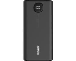 Rixus High Capacity Powerbank 40000mAh Zwart – USB-C & Micro-USB – Geschikt voor iPhone, Samsung, iPad, Android & Laptop – LCD Display – 4 Outputs – Power Delivery & Quick Charge – Ideaal voor Reizen, Kamperen en Noodgevallen
