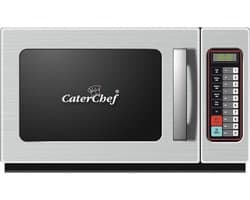 Caterchef solo magnetron 1000 Watt Roestvrijstaal, met tiptoets bediening, 10 in te stellen kookprogramma's, 3 vermogens en ontdooistand, keramische bodem