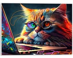 PVC Schuimplaat- Kleurrijke Snuggere Kat met Bril achter Laptop - 40x30 cm Foto op PVC Schuimplaat