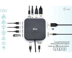 i-Tec - USB-C HDMI Dual DisplayPort Docking Station – 100W Power Delivery – 3x 4K Monitorondersteuning – USB4 & Thunderbolt Compatibel – 6x USB – Ethernet – Audio – VESA Mount – Inclusief Oplader