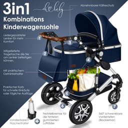 KESSER® Kinderwagen 3 in 1 Loops Wandelwagen Set incl. Autostoel & Reiswieg & Buggy Sportzitje - Massieve Rubberbanden - Luiertas / Regenhoes - Blauw / Zilver — thumbnail 3