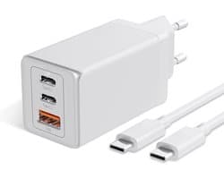 65W GaN 3 Poorten USB C Power Adapter met Rubberen USB C naar USB C Kabel 2 Meter Lang - Super Fast Charger 3.0 - 30% Kleiner