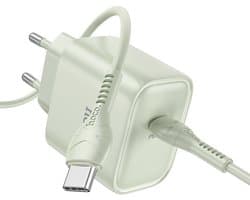 Hoco 25W Type C Snellader & Kabel - Groen - USB-C naar USB-C Kabel (2 Meter) & Stekker - Snelle Oplader Geschikt voor telefoon en tablet