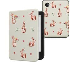 kwmobile e-reader hoesje geschikt voor Kobo Clara BW / Colour hoes - E reader flip case met magnetische sluiting - Ereader cover - Konijntjes en Bloemen design in wit / bruin / grijsgroen