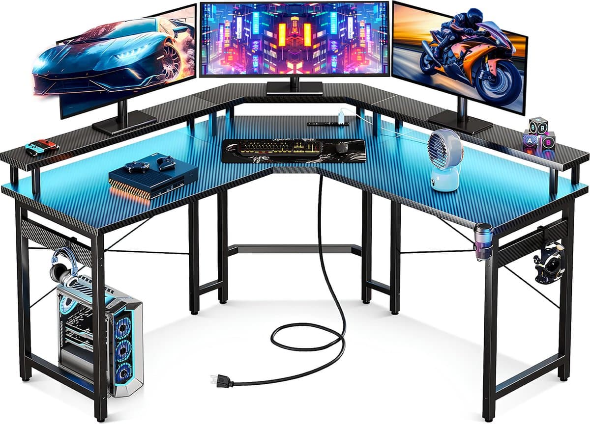 Lugia Hoekbureau - Gaming Bureau - L-Vormig 130cm x 78cm x 48cm - Bureau - Led Verlichtingen - Krasbestendig - Monitor Stand - Stopcontact - Gaming Desk - Game Bureau — afbeelding 1