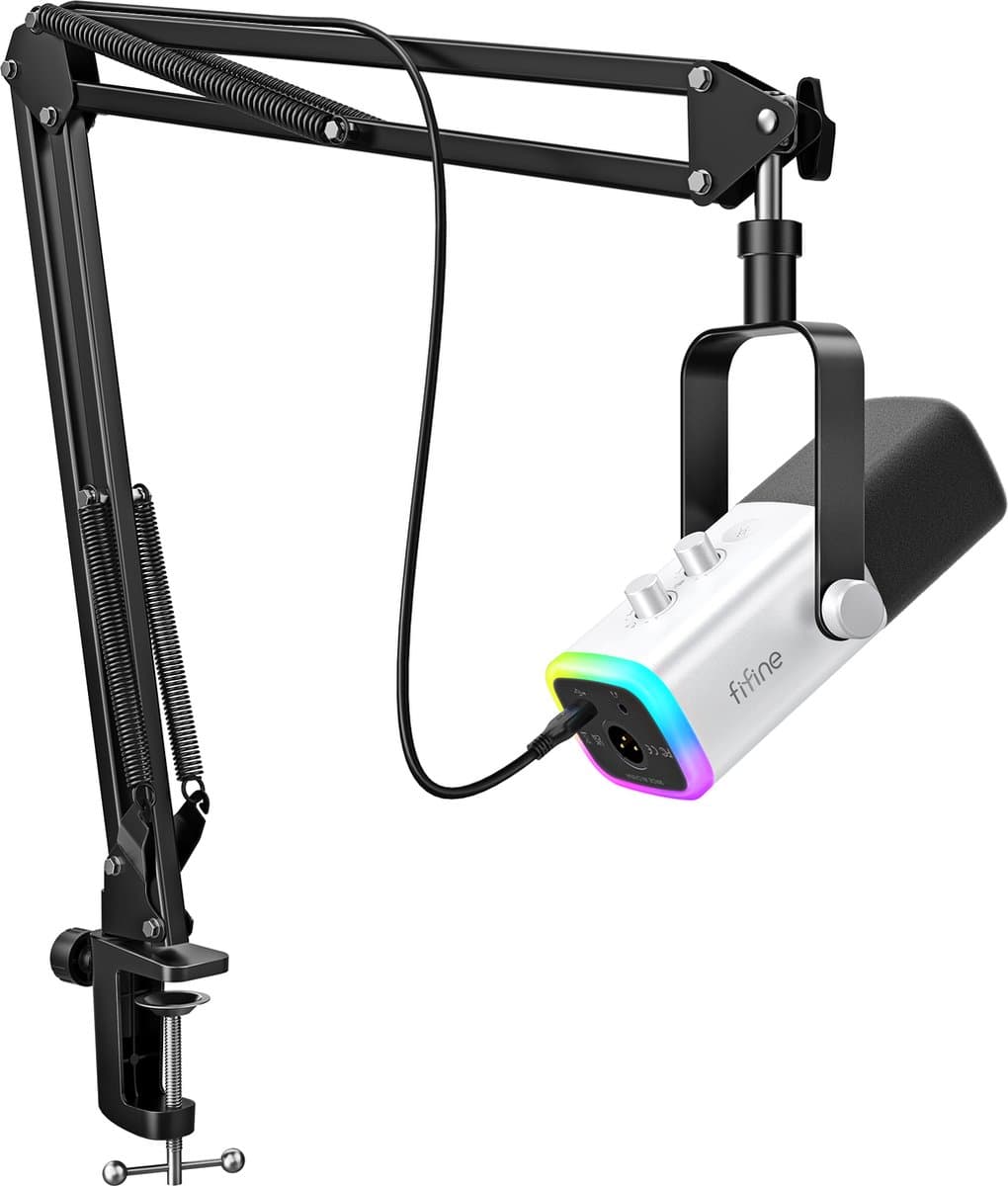 FIFINE - AM8T - Wit - USB / XLR Studio microfoon - PC-Gaming Met Flexibele Arm ( 66cm! ) - Geschikt voor PC/PS4/PS5 - RGB - Podcast - Gaming - Streaming — afbeelding 1
