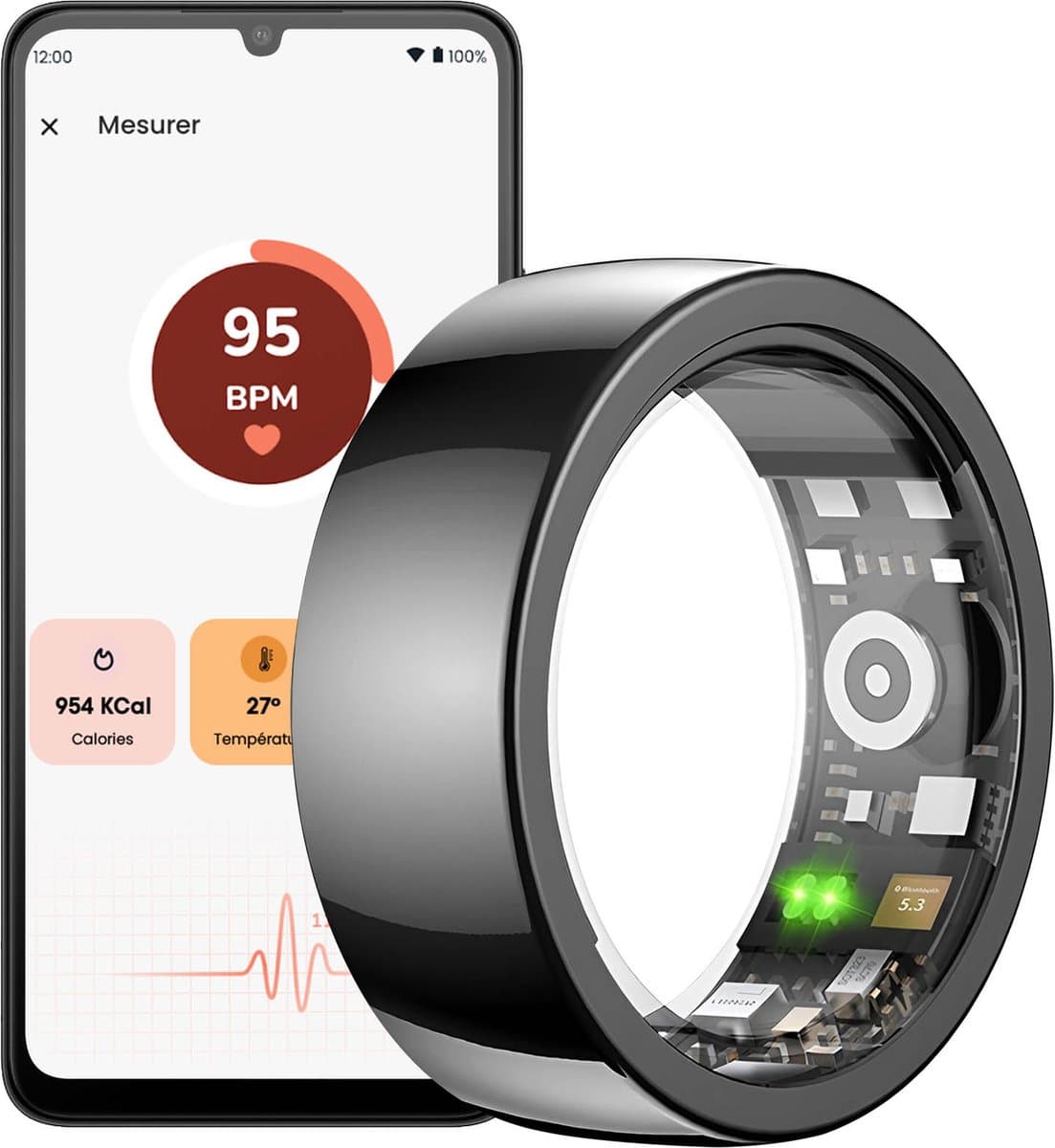 Riversong, IP68 Waterdichte Verbonden Gezondheid Tracker en Activiteit Tracker Ring 3.8g, Zwart — afbeelding 1