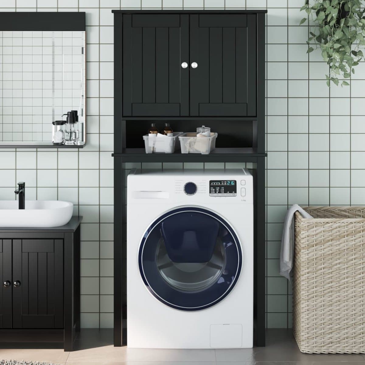 Wasmachine ombouw - Kast - Opbouwmeubel - Verhoger - Wasmachine meubel - Opbergkast - Hout - Zwart — afbeelding 1