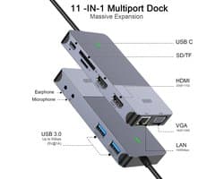 M-Teck Portable USB-C Docking Station - 2 x HDMI - 1 x VGA - 2 x USB-A - Ethernet - Kaartlezer - Audio In/Uit - Geschikt voor alle type MacBooks en Laptops