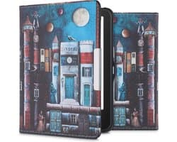 kwmobile e-reader hoesje geschikt voor Tolino Vision 1 / 2 / 3 / 4 HD hoes - E reader flip case met magnetische sluiting - Ereader cover - boekenstad design in meerkleurig