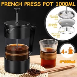 Koffiezetapparaat met Franse pers, voorzien van een filter van borosilicaatglas, een drielaags filter en een grote capaciteit, geschikt voor koffie en thee (1000 ml). — thumbnail 2