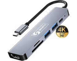 Smath® USB C Hub 6-in-1 - USB Hub 3.0 met HDMI 4K - SD Kaart Lezer - USB Splitter voor Laptop en PC - Aluminium Behuizing
