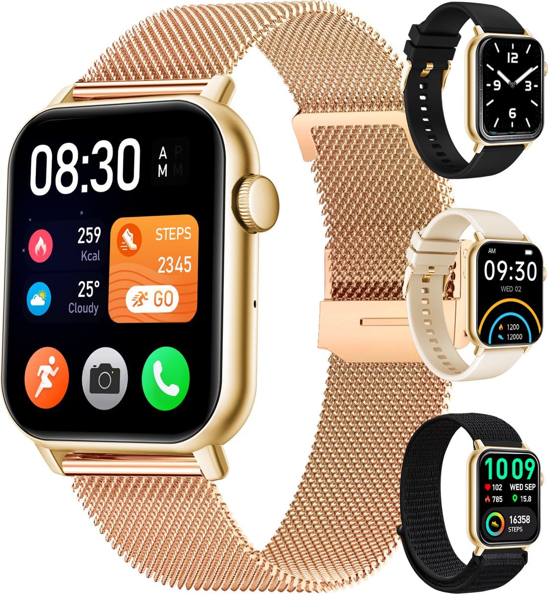 Siltcon® Smartwatch Dames Pro - Smartwatch Heren Pro - Sporthorloge Dames & Heren - Stappenteller Horloge - Hartslagmeter – Bloeddrukmeter - Slaapmonitor - Saturatiemeter - Belfunctie - Elke Smartphone - RVS - Incl. 4 Bandjes - Goud — afbeelding 1