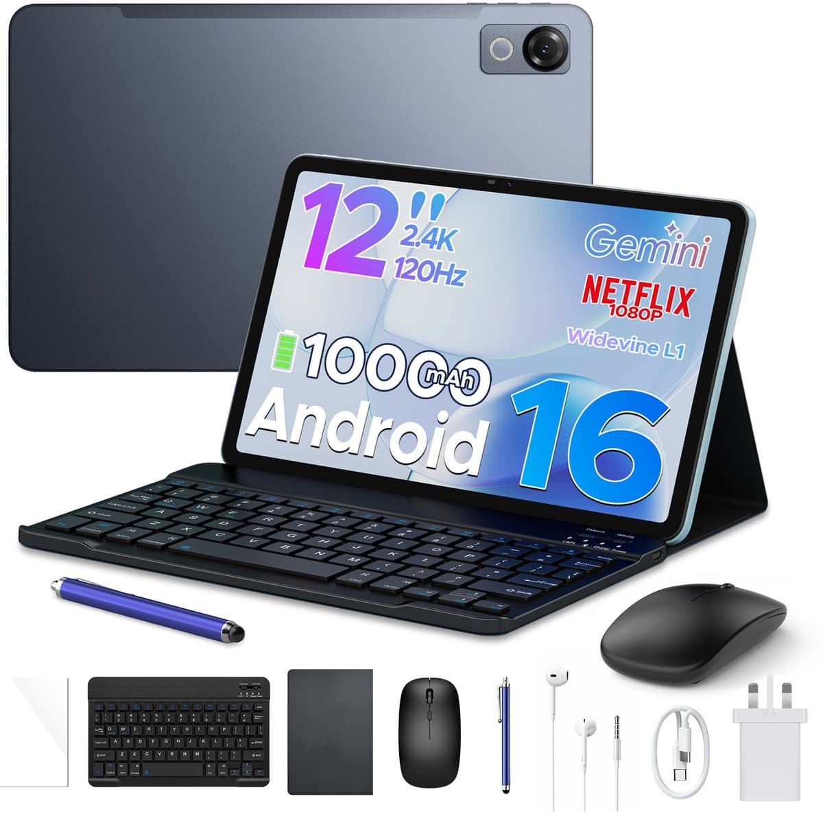 POCKAM P12-tablet - 12 inch 2K 120 Hz IPS - Android 16 - 48 GB RAM (8+40 GB) - 128 GB ROM - 10000 mAh /18 W - Octa-Core T7280 - Dubbele camera - WiFi 5 - Bluetooth - Face ID - Toetsenbord - Stylus meegeleverd — afbeelding 1