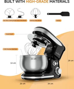 Swiss Haus® KM2305 Keukenmachine - 1300W Keukenrobot – 5L RVS Mengkom – Keukenmixer met 6 Snelheden + Pulse – met Deeghaak & Garde – Zwart — thumbnail 3