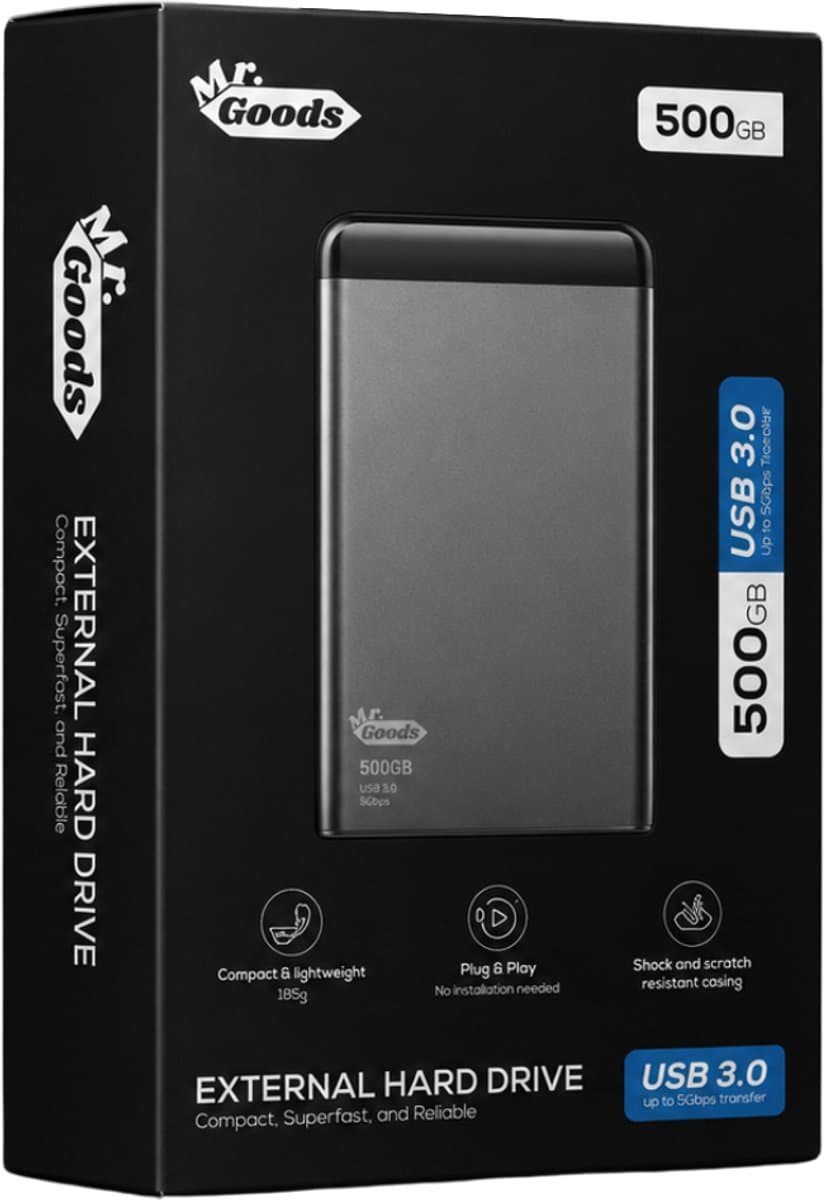 MrGoods Externe Harde Schijf 500GB Pro – USB 3.0 – 2.5 inch HDD – Metaal/Kunststof Behuizing – Zwart — afbeelding 1