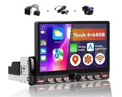 Boscer 1DIN Autoradio Universeel - 4+64GB Android 15 - Draadloze Apple CarPlay & Android Auto - 7 Inch HD IPS Touchscreen - Met Interne Koeling & Vernieuwd Bedieningspaneel - GPS, Bluetooth, WiFi - Achteruitrijcamera & Microfoon