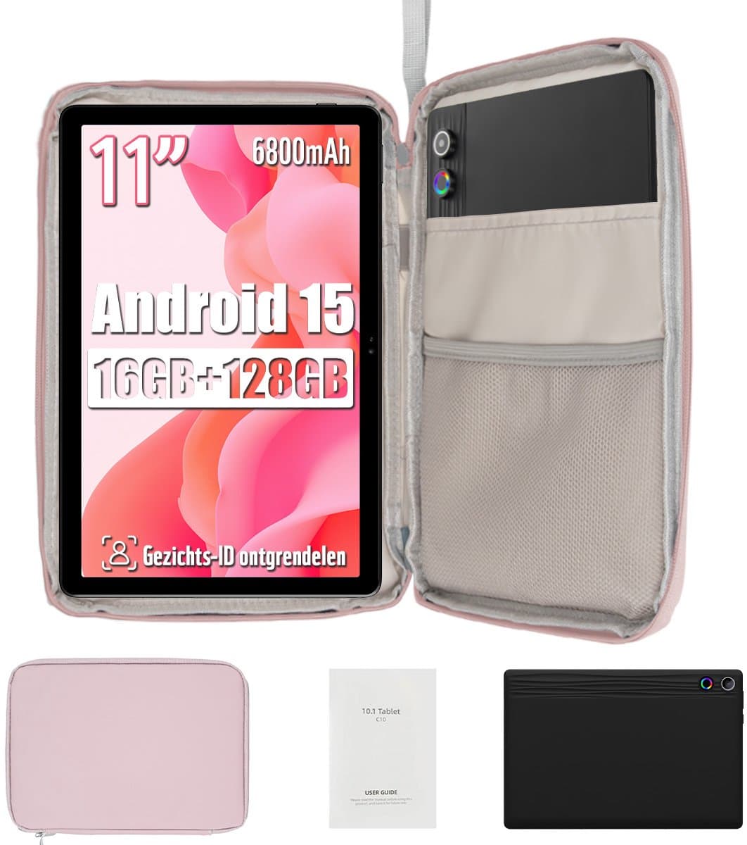 kotsren 11 Inch Tablet - Android 15 Tablets - 16GB RAM+128GB ROM - 6800mAh - 5G WIFI - Kindertablet Met Tablet Hoes Sleeve - Wit — afbeelding 1
