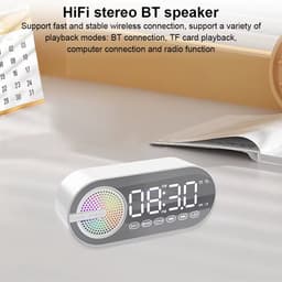 4-in-1 draadloze Bluetooth luidspreker wekker – Draagbare Bluetooth speaker, digitale klok, FM-radio, spiegelscherm, USB-opladen, RGB-verlichting – Geschikt voor thuis, buiten, kantoor & reizen – Wit — thumbnail 2