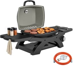 Draagbare Gasbarbecue - Inklapbaar Gasbarbecue en grill - 1 Branders - 3,3 kW - Grillwagen - Barbecuewagen - met Grillrooster, Bijzettafels, Vetopvangbak, Thermometer & Deksel - 102 x 48 x 38 cm - Zwart + Grijs — thumbnail 1