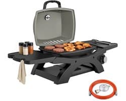 Draagbare Gasbarbecue - Inklapbaar Gasbarbecue en grill - 1 Branders - 3,3 kW - Grillwagen - Barbecuewagen - met Grillrooster, Bijzettafels, Vetopvangbak, Thermometer & Deksel - 102 x 48 x 38 cm - Zwart + Grijs