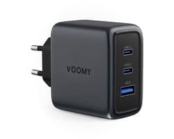 Voomy USB C Lader 65W - Oplader - Snellader - USB C Adapter - Universeel - 2 USB C & 1 USB A Poort - Geschikt voor Laptop, telefoon, tablets en meer - Space Grey