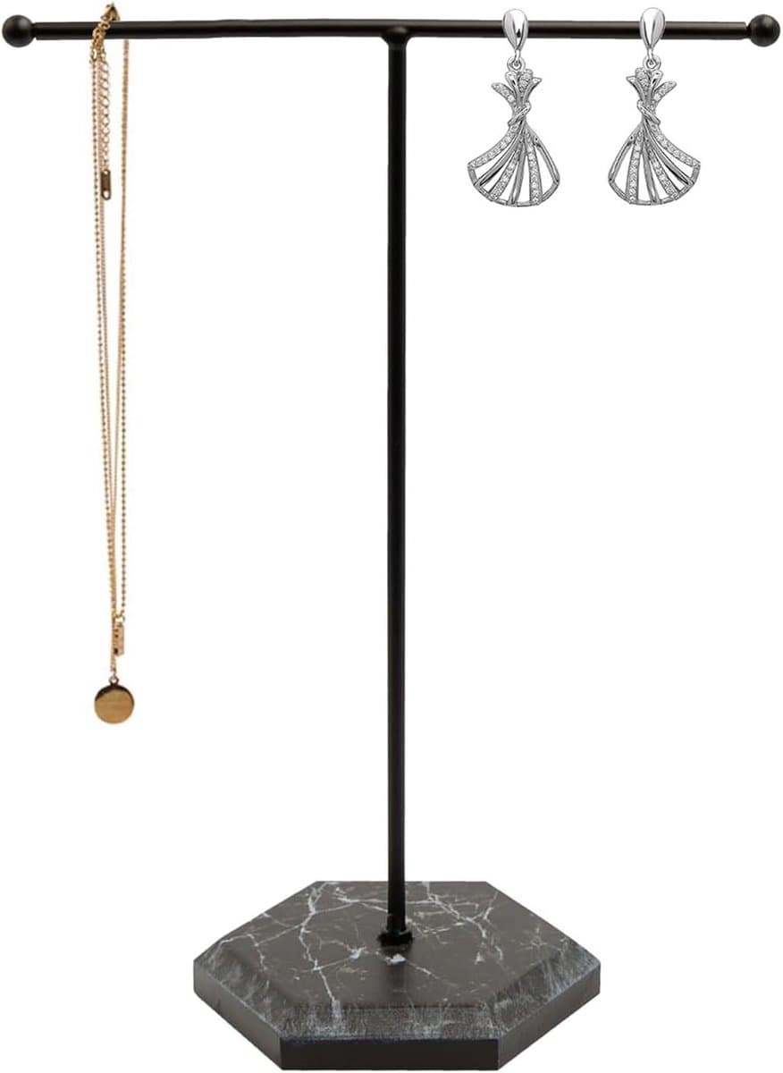 Sieradenstandaard voor Kettingen, Armbanden, Oorbellen en Ringen van Metaal met Marmeren Voet, Zwart Design — afbeelding 1