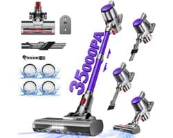 Authmic Steelstofzuiger Draadloos - 35.000Pa Zuigkracht - 6-in-1 Multifunctioneel Ontwerp - 6*2200mAh - 50 Min - GreenEye Technologie - Wandbeugel - Geschikt voor Huisdierharen, Tapijt en Harde Vloeren - Paars